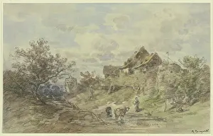 Coal Prints: Landscape with a farmstead, two Cows with a farmer's wife in the foreground, 1888