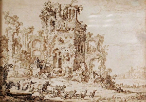 Derelict Prints: Landscape with Figures and Classical Ruins, c1670s. Creator: Jan Moninckx