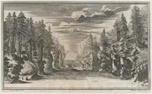Landscape with two figures running along the bank of the river Xanto; set design from Il... 1668
