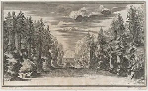 Kusel Mathaus Prints: Landscape with two figures running along the bank of the river Xanto; set design from Il