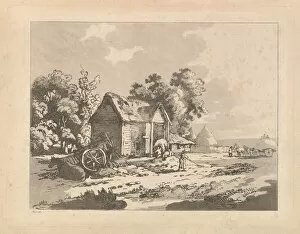 Landscape with Figures Storing Hay in a Barn, a Cart and Horse Lying Down at Left