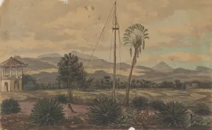 Tea House Prints: Landscape with flagpole, 1800-1900. Creator: Anon