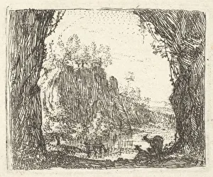 Landscape flanked by trees in the left and right foreground, silhouettes of two goa Landscape flanked by trees in the left and right foreground, silhouettes of two goa