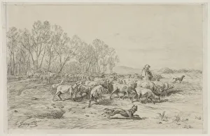 Charlesemile Jacque French Prints: Landscape with a Flock of Sheep, 1800s. Creator: Charles-Emile Jacque (French, 1813-1894)