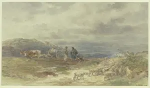 Barrels Prints: Landscape with a flock of sheep and an ox-drawn cart, 1881. Creator: Anton Burger
