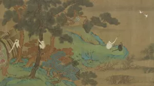 Qing Dynasty Collection: Landscape with Gibbons and Cranes, Qing dynasty, 18th century. Creator: Unknown