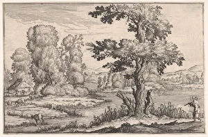 Landscape with goats grazing near a river and a figure in the right foreground