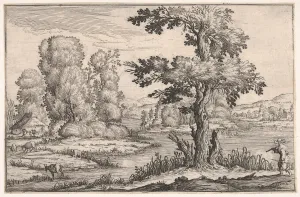 Goatherd Prints: Landscape with goats grazing near a river and a figure in the right foreground