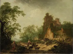 Neo Classical Prints: Landscape with Herd of Sheep in Front of a Peasant Hut in a Ruins