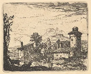 Landscape with two horned goats in shadow at left foreground, village buildings bey Landscape with two horned goats in shadow at left foreground, village buildings bey