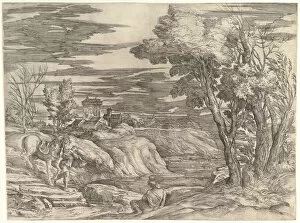 Titian Gallery: Landscape with a Horseman and His Groom, ca. 1552-61. Creator: Battista Franco Veneziano