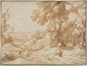 Framing Lines In Black Ink Prints: Landscape with Horsemen, 1600s. Creator: Unknown