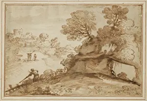 Cream Prints: Landscape with a Hunter, 17th century. Creator: Guercino