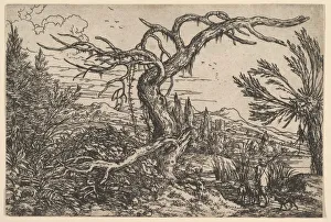 Hounds Prints: Landscape with a Hunter and his Dogs. Creator: Jonas Umbach