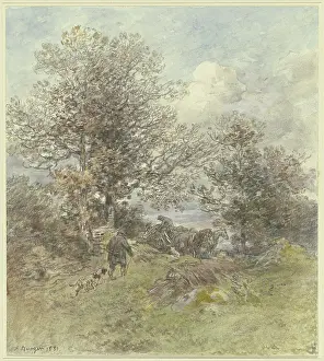 Coal Prints: Landscape with a hunter and a farmer loading wood, 1881. Creator: Anton Burger
