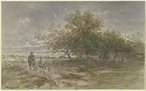 Coal Prints: Landscape with a hunter and a farmer plowing a field, 1882. Creator: Anton Burger