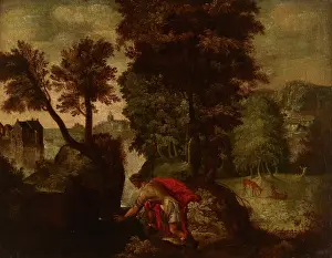 Bending Prints: Landscape with a Kneeling Knight (Theseus?), 1st half of 17th century. Creator: Unknown