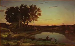 J Corot Prints: Landscape with Lake and Boatman, 1839. Creator: Jean-Baptiste-Camille Corot