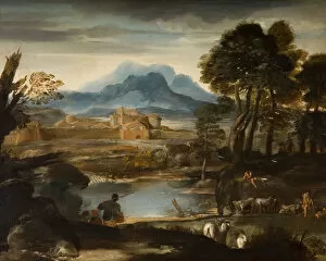 Berrettini Pietro Gallery: Landscape with a Lake and a Walled Town, 1635. Creator: Pietro da Cortona