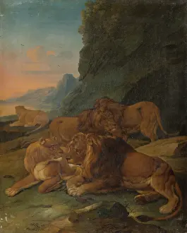 Behaviour Prints: Landscape with a Lion Family, 1716. Creator: Johann Melchior Roos