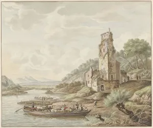 Loaded Prints: Landscape with loaded barge near a castle, 1776. Creator: Jan van Lockhorst