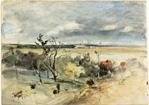 Landscape with Man on a Donkey (recto) Two Women in a Cafe (verso), c. 1849. Creator: Johan Barthold Jongkind