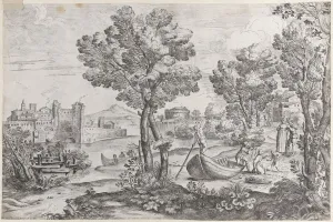 Giovanni Francesco Grimaldi Prints: Landscape with a man holding a snake to a terrified child, watched by a fashionably dre