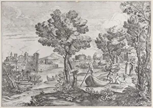 Landscape with a man holding a snake to a terrified child, watched by a fashionably dre