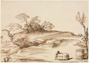 Landscape with a Man Leaning on a Bale, c. 1640. Creator: Guercino (Italian, 1591-1666) Landscape with a Man Leaning on a Bale, c. 1640. Creator: Guercino (Italian, 1591-1666)