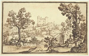 Cantagallina Remigio Prints: Landscape with a Man Resting, Farm Houses, and a Castle. Creator: Remigio Cantagallina