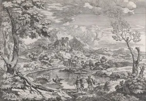 Crescenzio Onofri Prints: Landscape with a man showing Mercury the eagle of Jupiter, ca. 1695-99