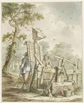 Water Amenities Prints: Landscape with two men at a noticeboard near a water pump