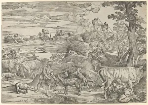 Tiziano Prints: Landscape with a milkmaid at right and a boy at left, ca. 1535-40. ca. 1535-40