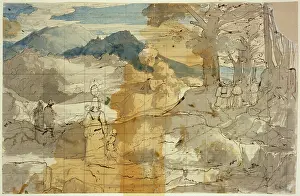 Landscape near Rocca Canterano with a woman with children, shepherds, and pilgrims, 1818. Creator: Carl Philipp Fohr