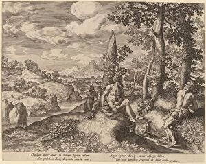 Johann Sadeler I Gallery: Landscape with Three Nude Men and a Dog. Creator: Johann Sadeler I
