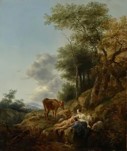 Tranquil Prints: Landscape with a Nymph and a Satyr, 1647 ?. Creator: Nicolaes Berchem