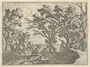 Landscape with onshore fisherman and male onlooker under trees, a man in a boat bow Landscape with onshore fisherman and male onlooker under trees, a man in a boat bow
