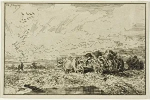 Etchingetching On Ivory Wove Paper Prints: Landscape with Ox-Drawn Wagon, 1846. Creator: Charles Emile Jacque