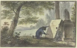 Shaded Prints: Landscape painter painting under a tree near two column fragments