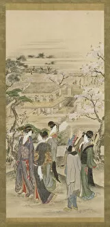 Landscape: parties of men and women looking at cherry blossoms