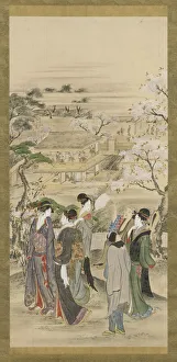 Color On Paper Prints: Landscape: parties of men and women looking at cherry blossoms