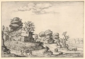 Ercole Bazicaluva Prints: Landscape with peasant dwellings and a man leading a horse in the left foreground