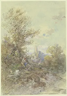 Chalk On Paper Prints: Landscape with a peasant woman, child, and the Eppstein ruins, 1892. Creator: Anton Burger