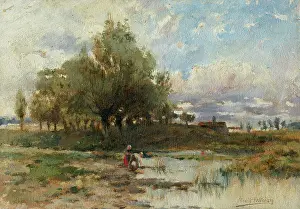 Staffage Prints: Landscape with pond, 1890-1900. Creator: Felician Moczik