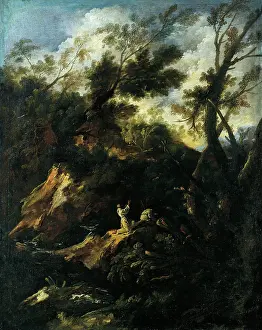 Rocky Prints: Landscape with Two Praying Monks, 1695-1697. Creator: Antonio Francesco Peruzzini