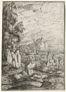 Landscape with a Road to a Castle on an Island in a River, 1554. Creator: Hanns Lautensack (German