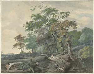 Falconer Prints: Landscape with a road through a forest and a falconer, 1801. Creator: Gerard van Nijmegen