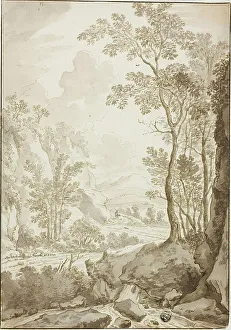 Hackaert Jan Prints: Landscape of Road through Trees and Hills; Figure on Donkey in Distance