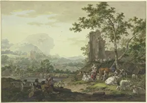 Farm Animal Prints: Landscape, a ruin on the right