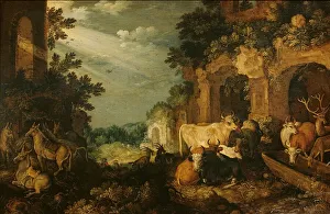 Derelict Prints: Landscape with ruins, cattle and deer, c.1614-c.1620. Creator: Roelandt Savery